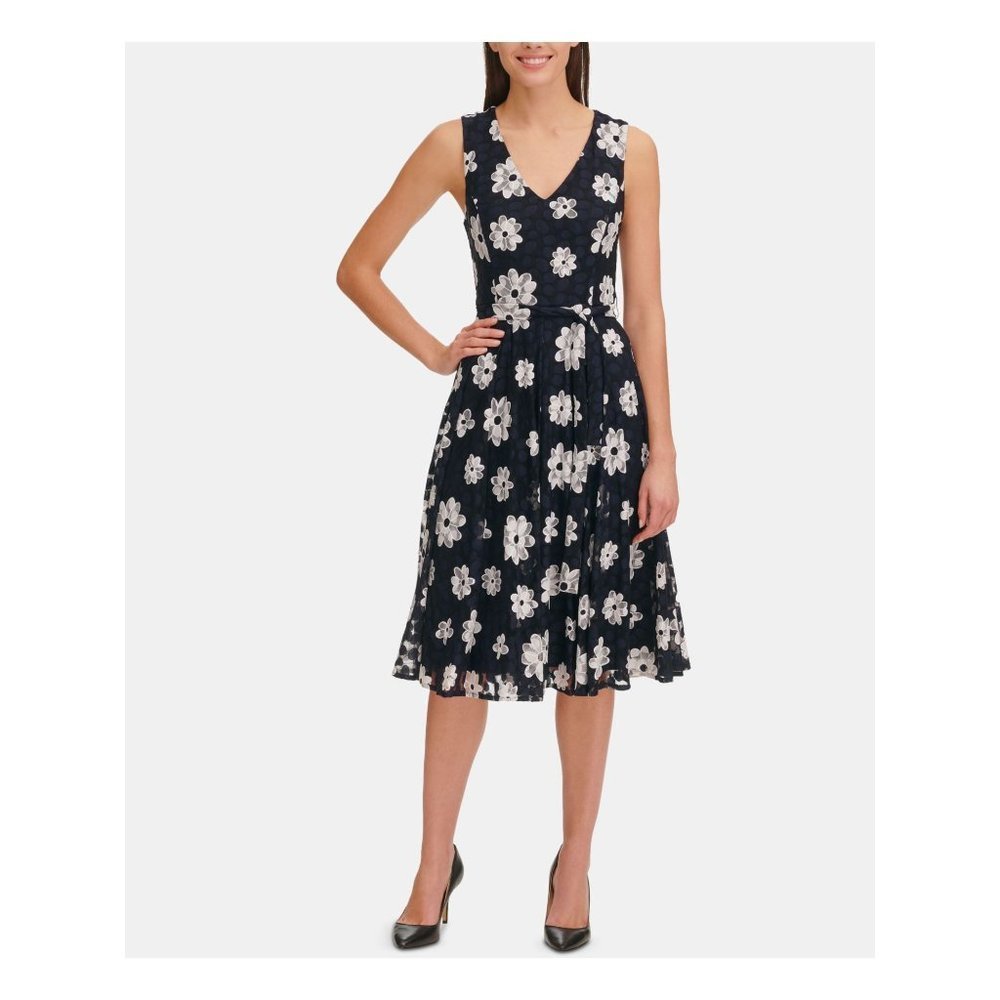 Tommy Hilfiger Womens Daisy Floral V-Neck MIDI Dress Navy 14